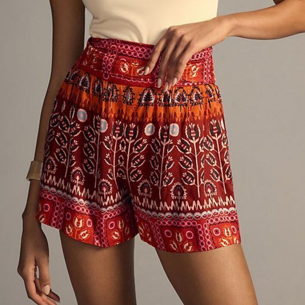 Anthropologie Ruched Wide Leg Shorts Boho Print Red Pink Orange Size Medium